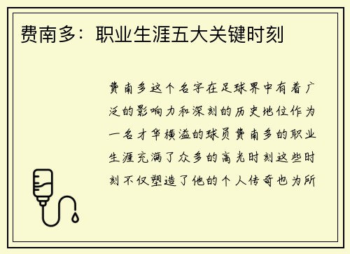 费南多:职业生涯五大关键时刻 费南多:职业生涯五大关键时刻