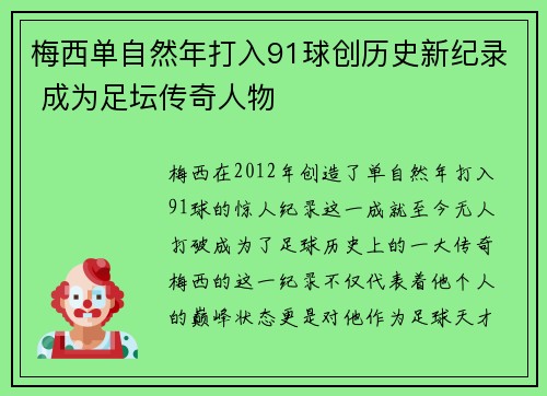 梅西单自然年打入91球创历史新纪录 成为足坛传奇人物 梅西单自然年打入91球创历史新纪录 成为足坛传奇人物